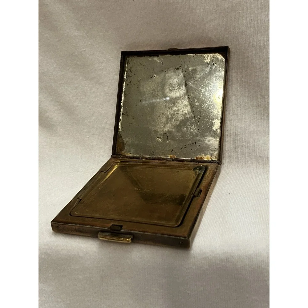 VTG Brass Art Deco Embossed Flower Pot Window Compact Purse Mirror Square